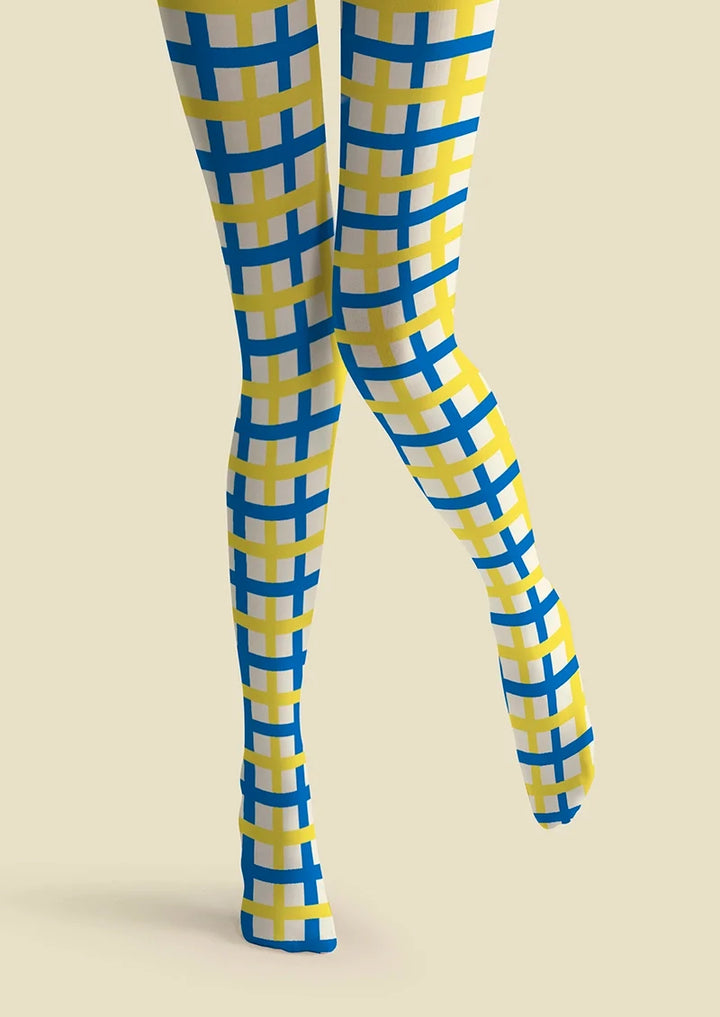 Women Chic Yellow and Blue Checkered Pattern Tights Pantyhose