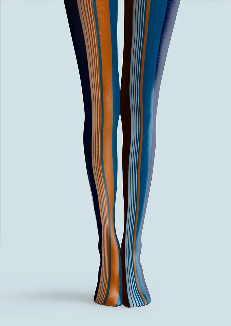 Women Blue-orange Stripes Patterned Tights Hosiery Pantyhose