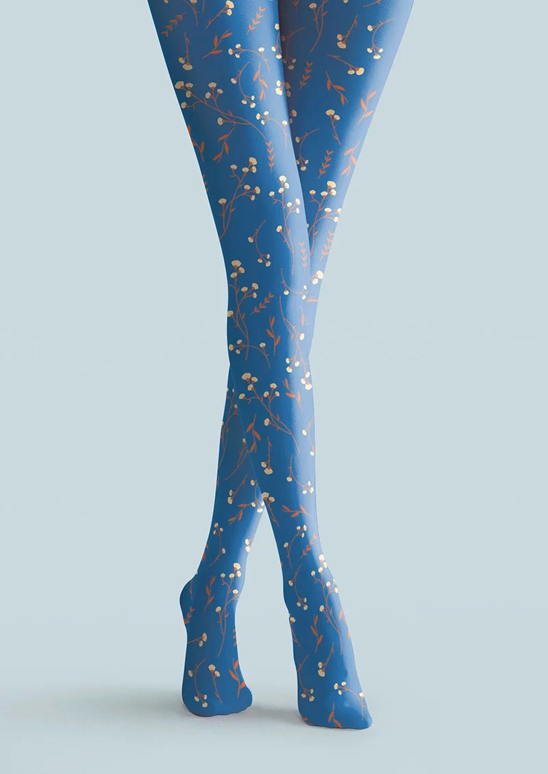 Women Cobalt Blue Dainty Florals Tights Hosiery Pantyhose