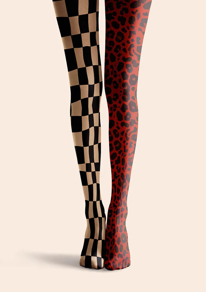 Women Split Checker Geometric Pattern Art Tights Pantyhose