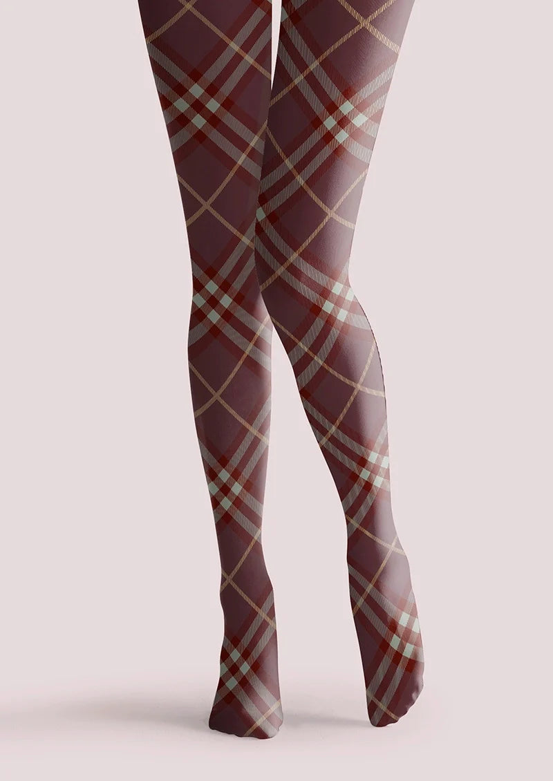 Women Dark Purple Maillard Check Tights Hosiery Pantyhose