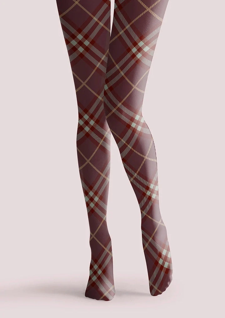 Women Dark Purple Maillard Check Tights Hosiery Pantyhose