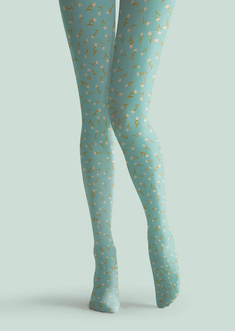 Women Pale Green Dainty Florals Print Tights Hosiery Pantyhose