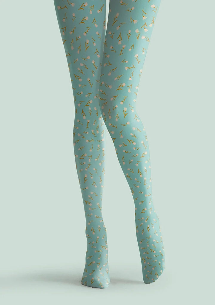 Women Pale Green Dainty Florals Print Tights Hosiery Pantyhose