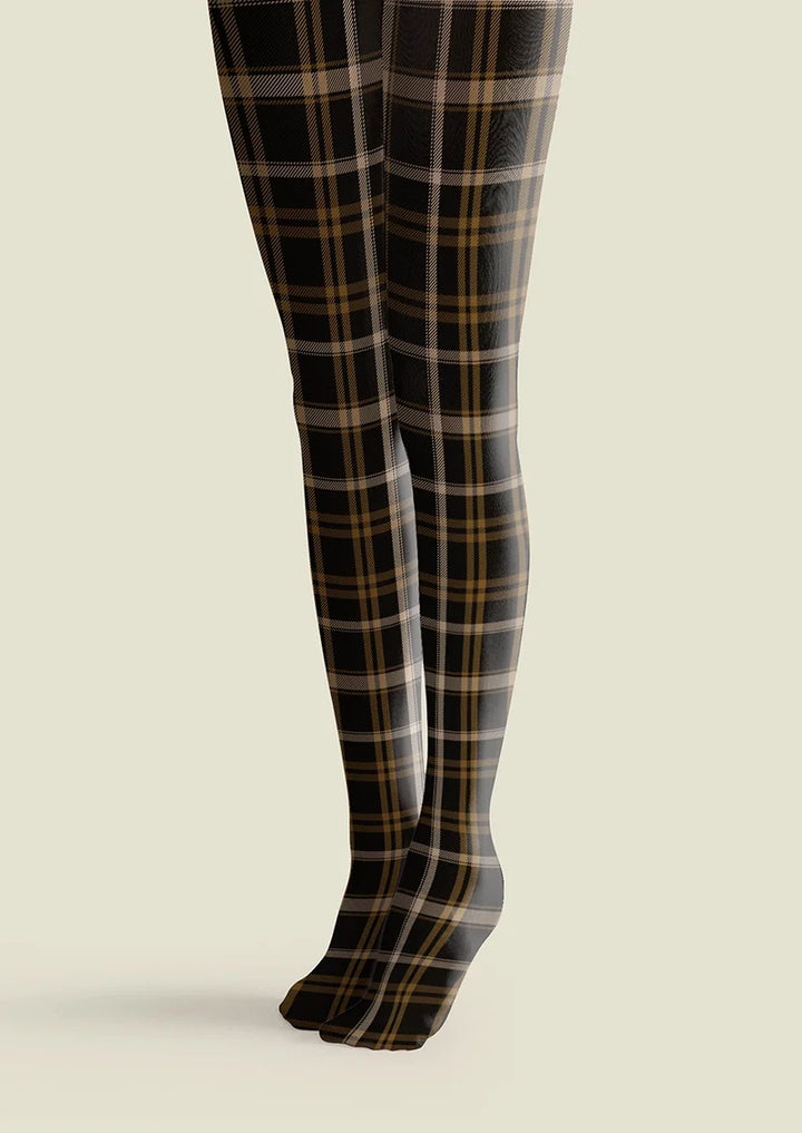 Women Black-brown Stripes Checked Tights Hosiery Pantyhose
