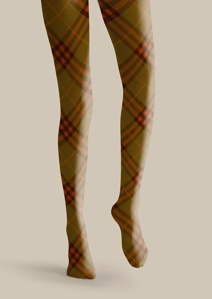 Women Olive Green Orange Maillard Check Print Tights Pantyhose