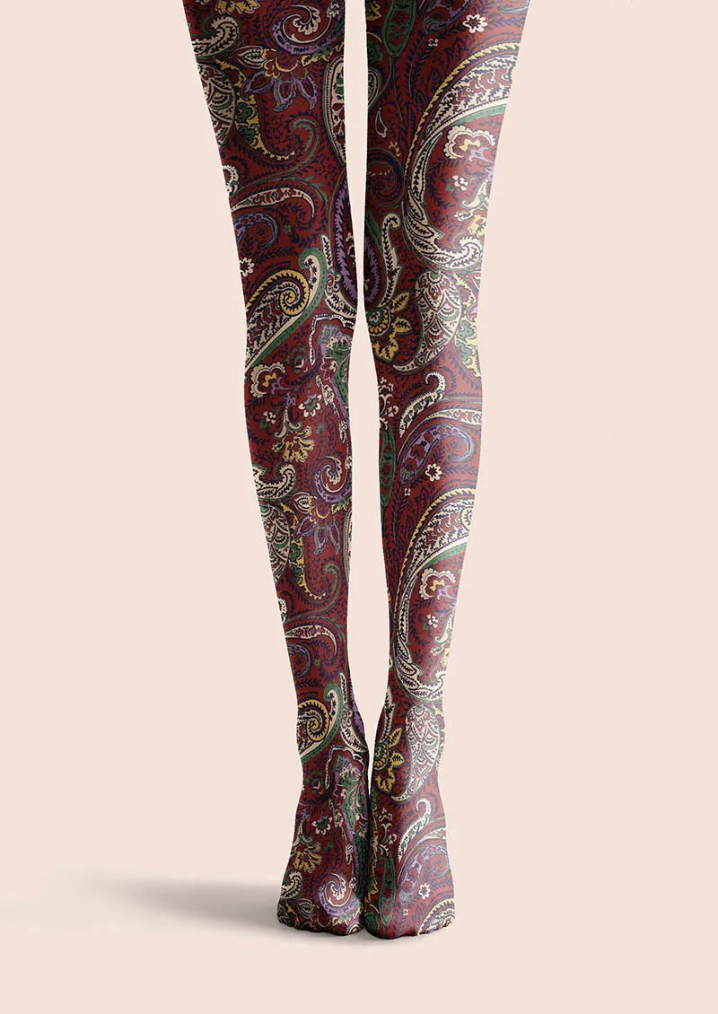 Women Classic Burgundy Paisley Printed Tights Hosiery Pantyhose