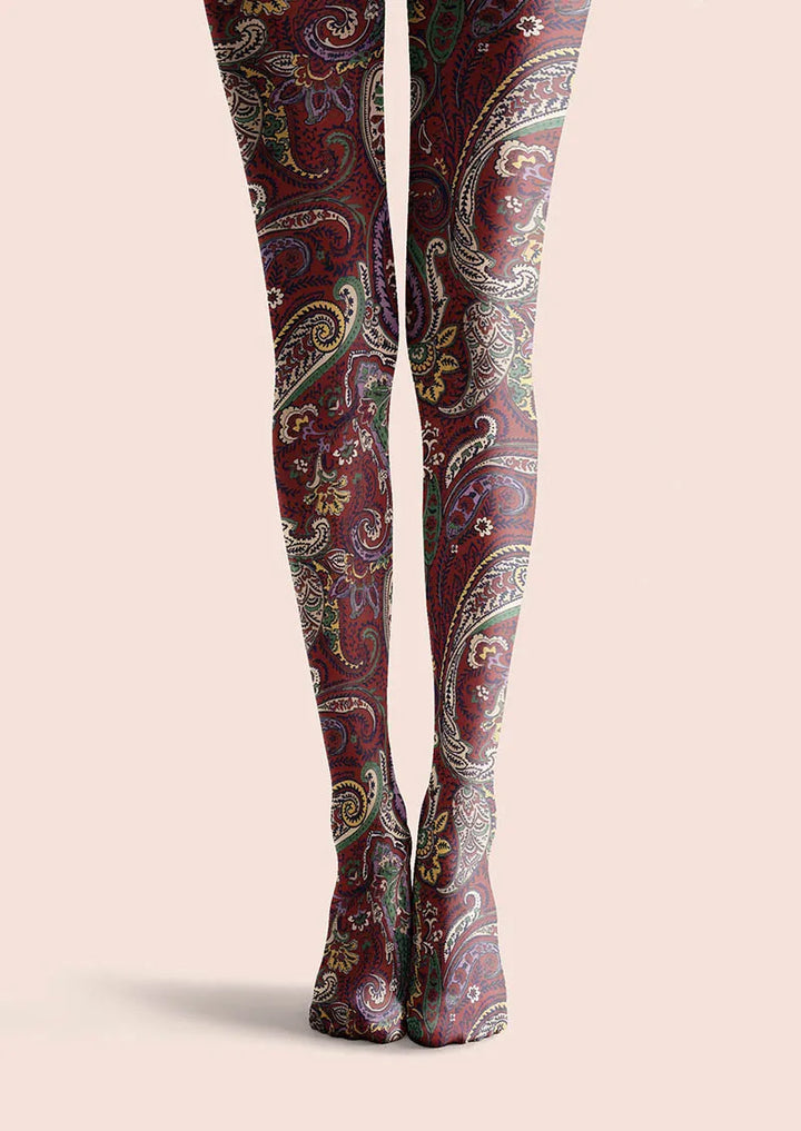 Women Classic Burgundy Paisley Printed Tights Hosiery Pantyhose