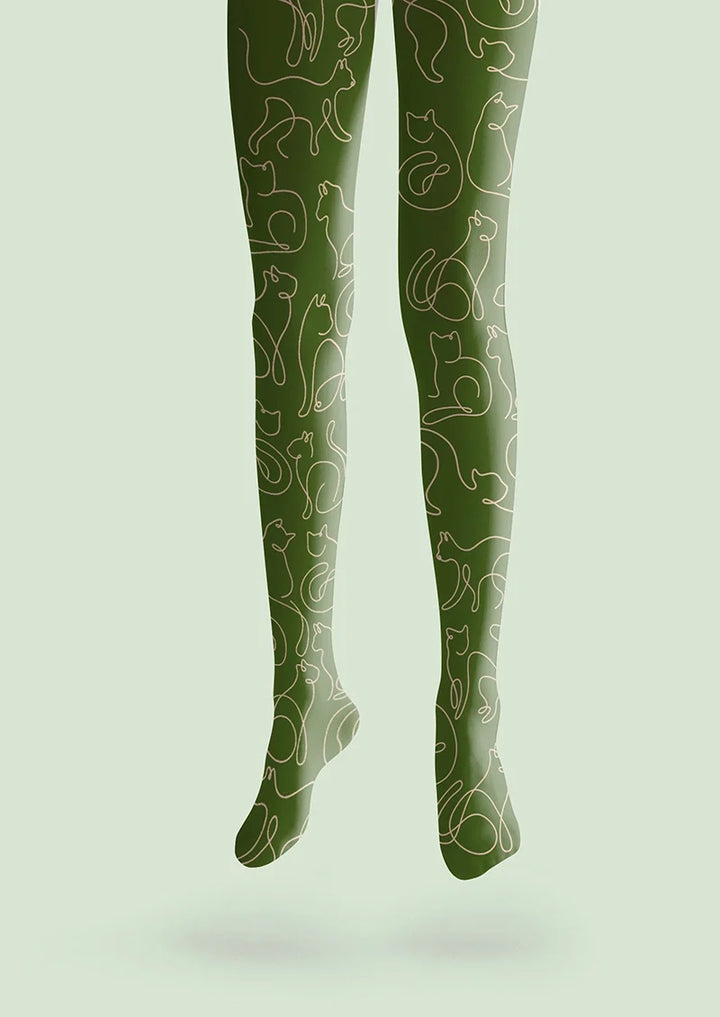 Women Cute Cat Line Drawing Graphic Print Tights Pantyhose