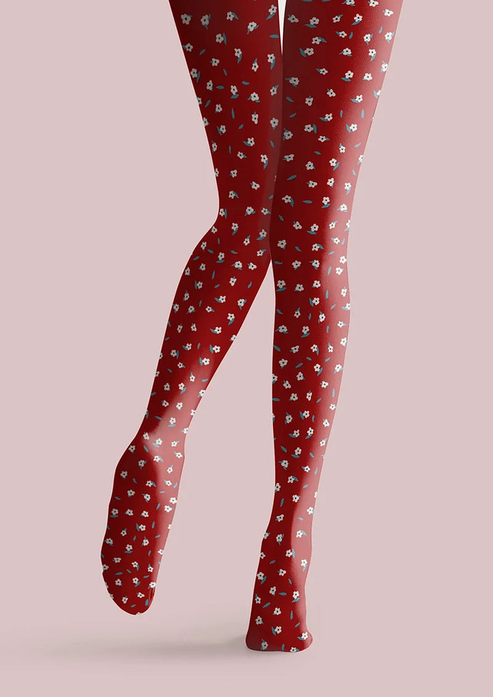 Women Red Dainty Florals Print Tights and Hosiery Pantyhose