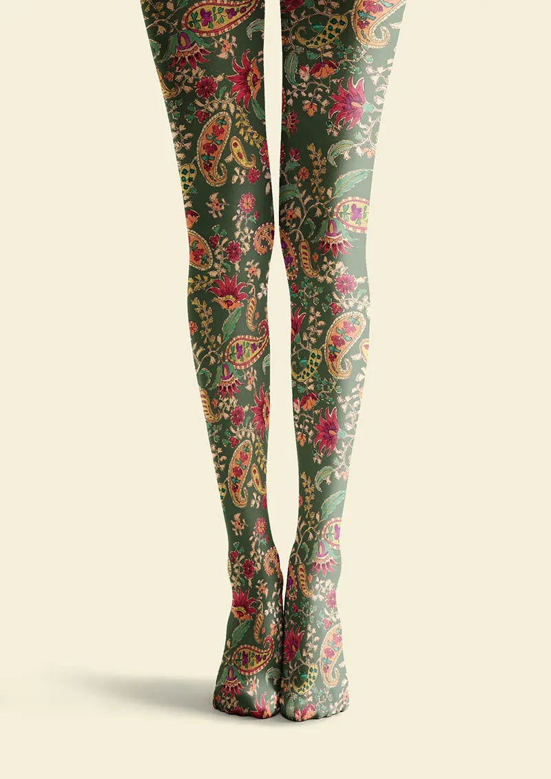 Women Mint Vintage Paisley Printed Tights Hosiery Pantyhose