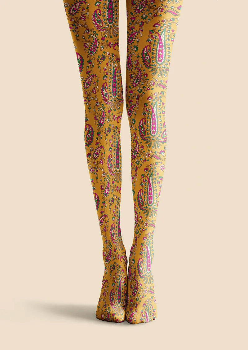 Women Warm Gold Paisley Printed Tights and Hosiery Pantyhose