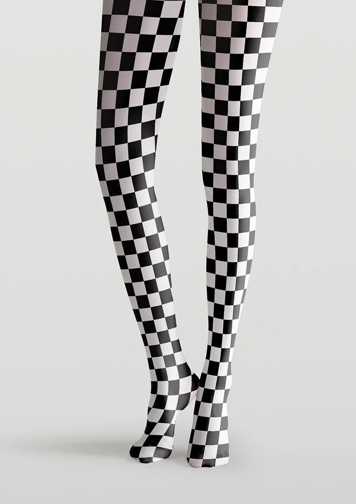 Women Black and White Checkered Grid Print Tights Pantyhose