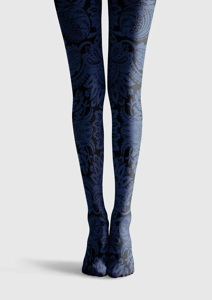 Women Baroque Bloom Vintage Blue Motif Print Tights Pantyhose