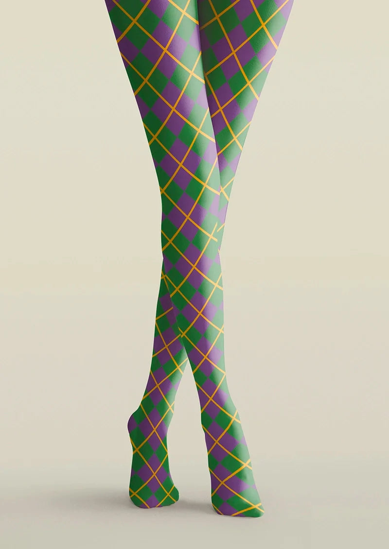 Women Green Purple Checkered Printed Tights Hosiery Pantyhose