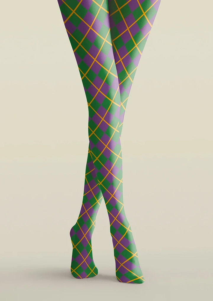 Women Green Purple Checkered Printed Tights Hosiery Pantyhose