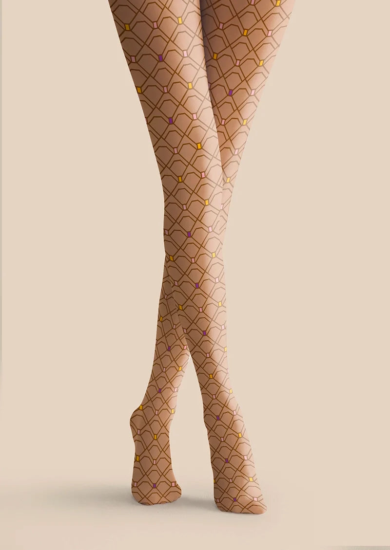 Women Light Brown Stripes Patterned Tights Hosiery Pantyhose