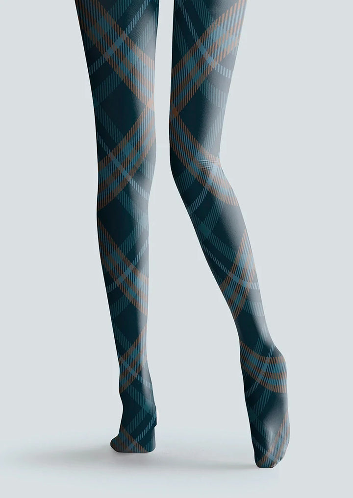 Women Deep Blue Check Plaid Printed Tights Hosiery Pantyhose