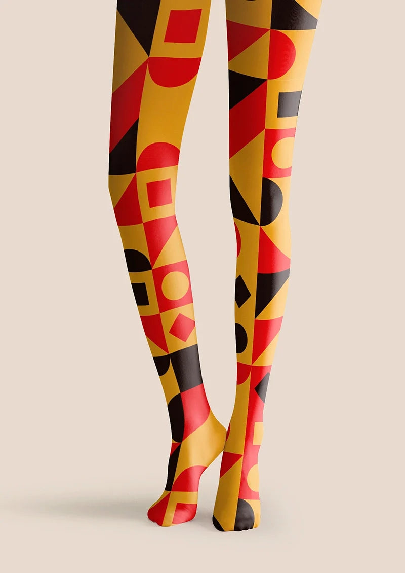 Women Yellow Blue Angles Graphic Print Tights Hosiery Pantyhose