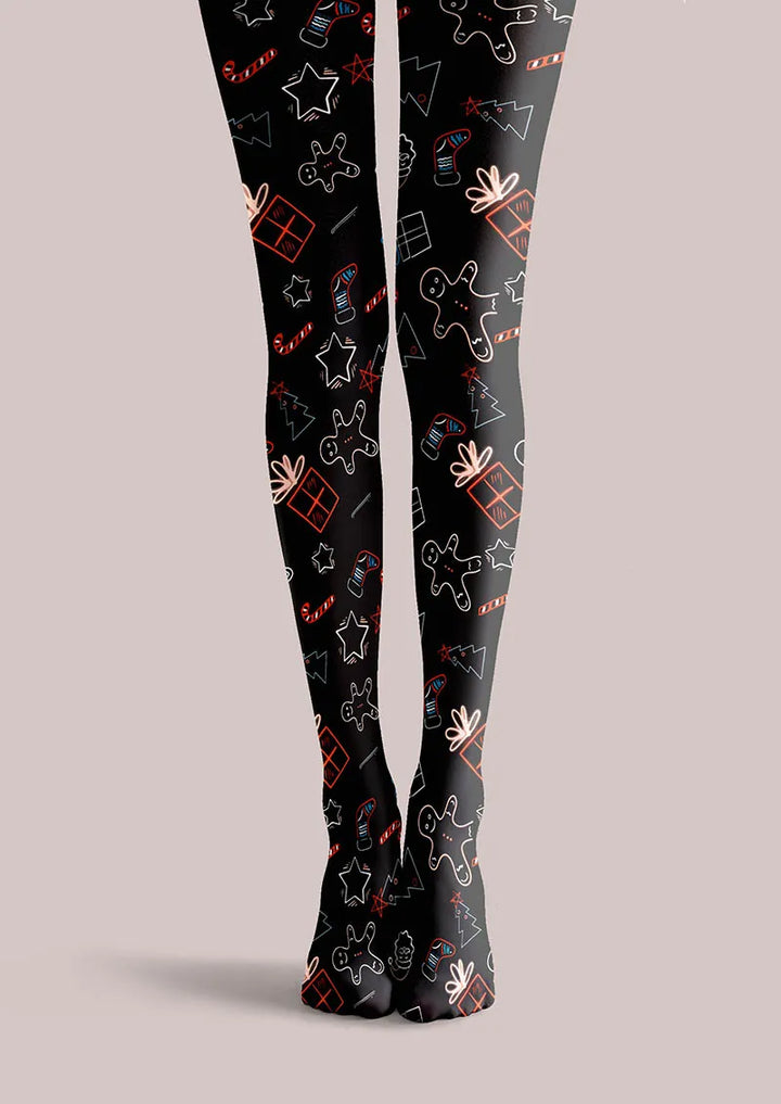 Christmas Fun Art Gingerbread Night Tights Hosiery Pantyhose