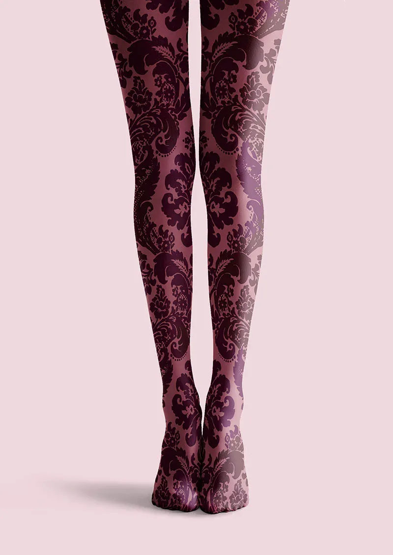 Women Baroque Bloom Plum Velvet Print Tights Hosiery Pantyhose