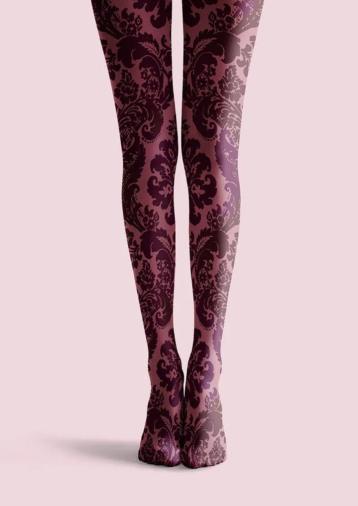 Women Baroque Bloom Plum Velvet Print Tights Hosiery Pantyhose