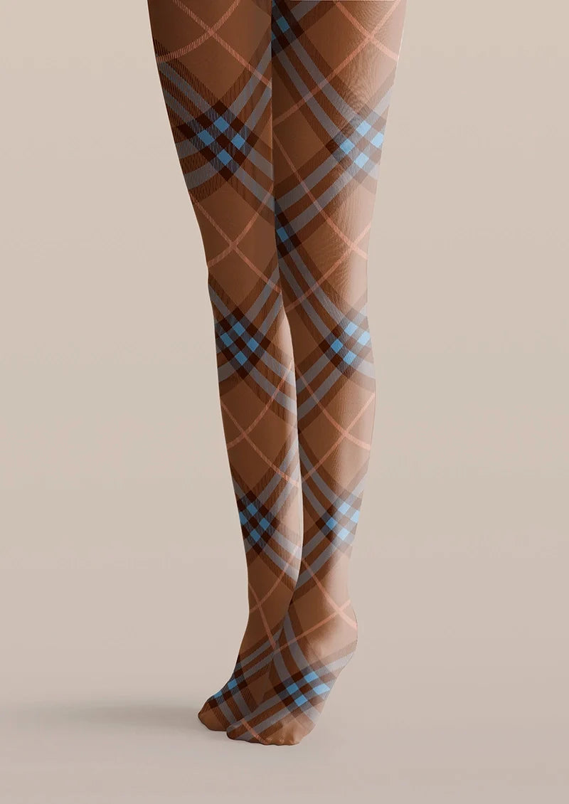 Women Brown-blue Maillard Check Print Tights Hosiery Pantyhose