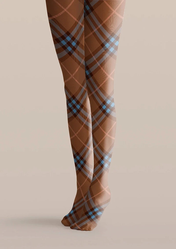 Women Brown-blue Maillard Check Print Tights Hosiery Pantyhose