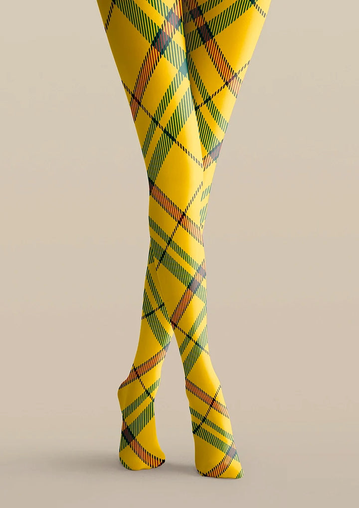 Women Yellow Striped Check Printed Tights Hosiery Pantyhose