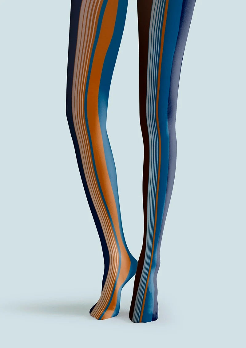 Women Blue-orange Stripes Patterned Tights Hosiery Pantyhose
