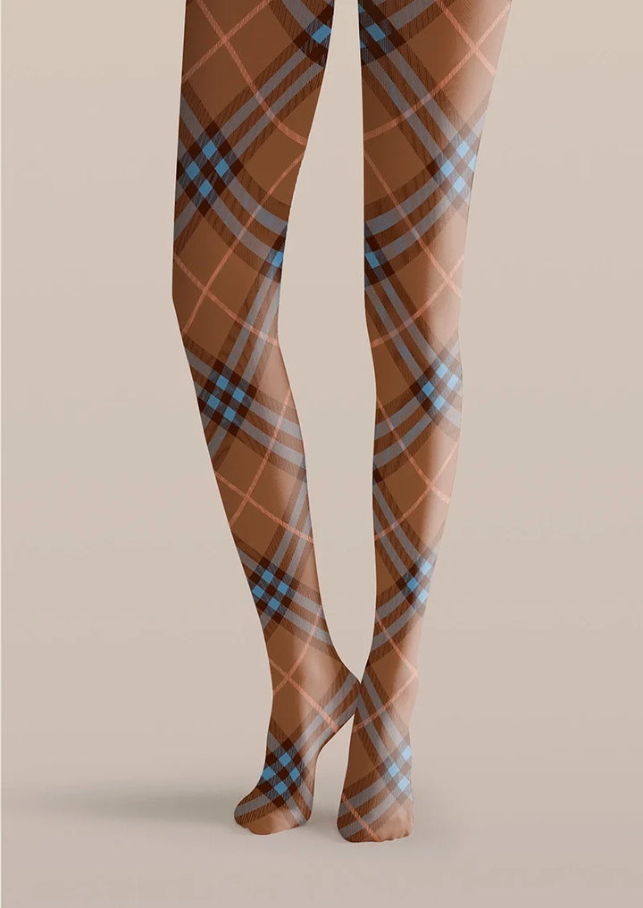 Women Brown-blue Maillard Check Print Tights Hosiery Pantyhose