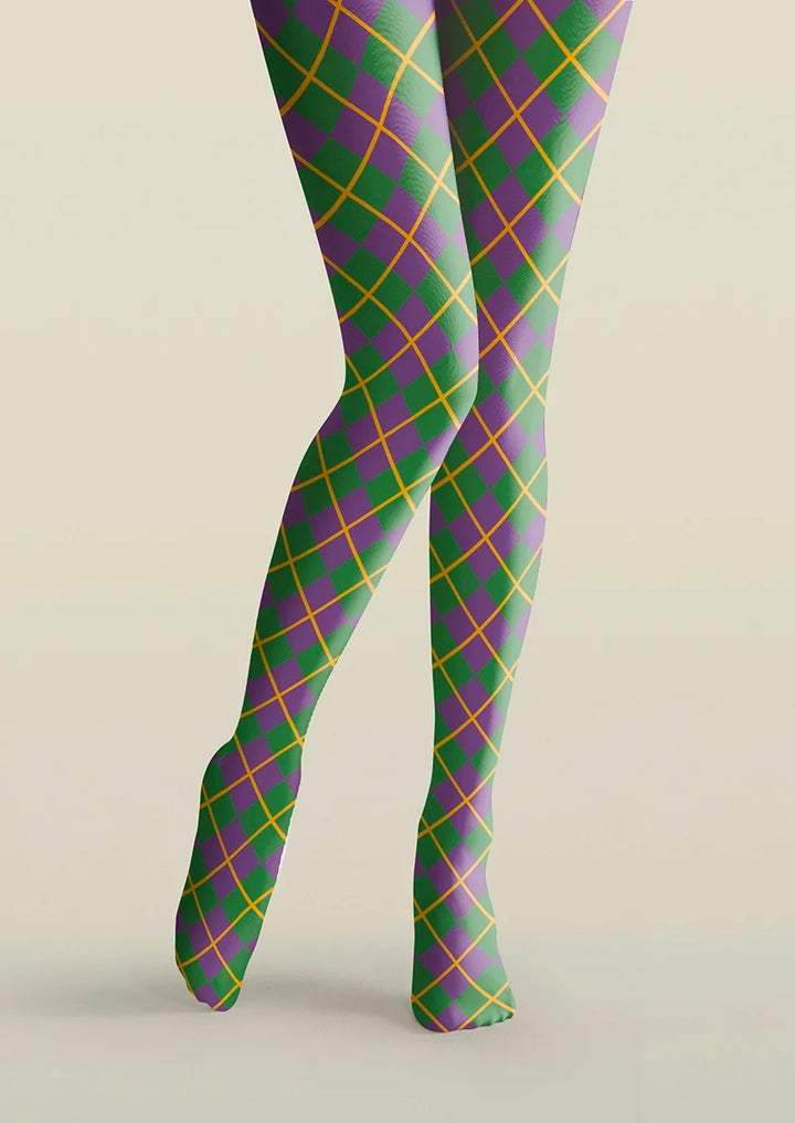Women Green Purple Checkered Printed Tights Hosiery Pantyhose