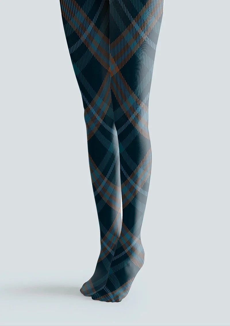 Women Deep Blue Check Plaid Printed Tights Hosiery Pantyhose