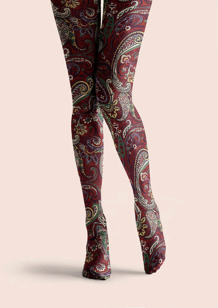 Women Classic Burgundy Paisley Printed Tights Hosiery Pantyhose