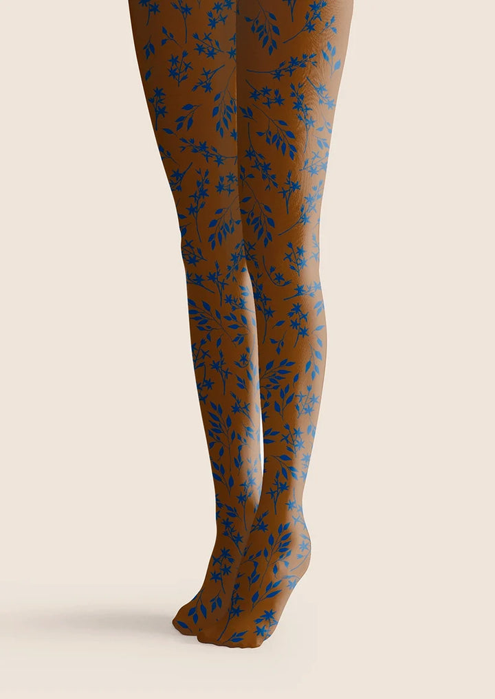 Women Brown-blue Dainty Florals Print Tights Hosiery Pantyhose