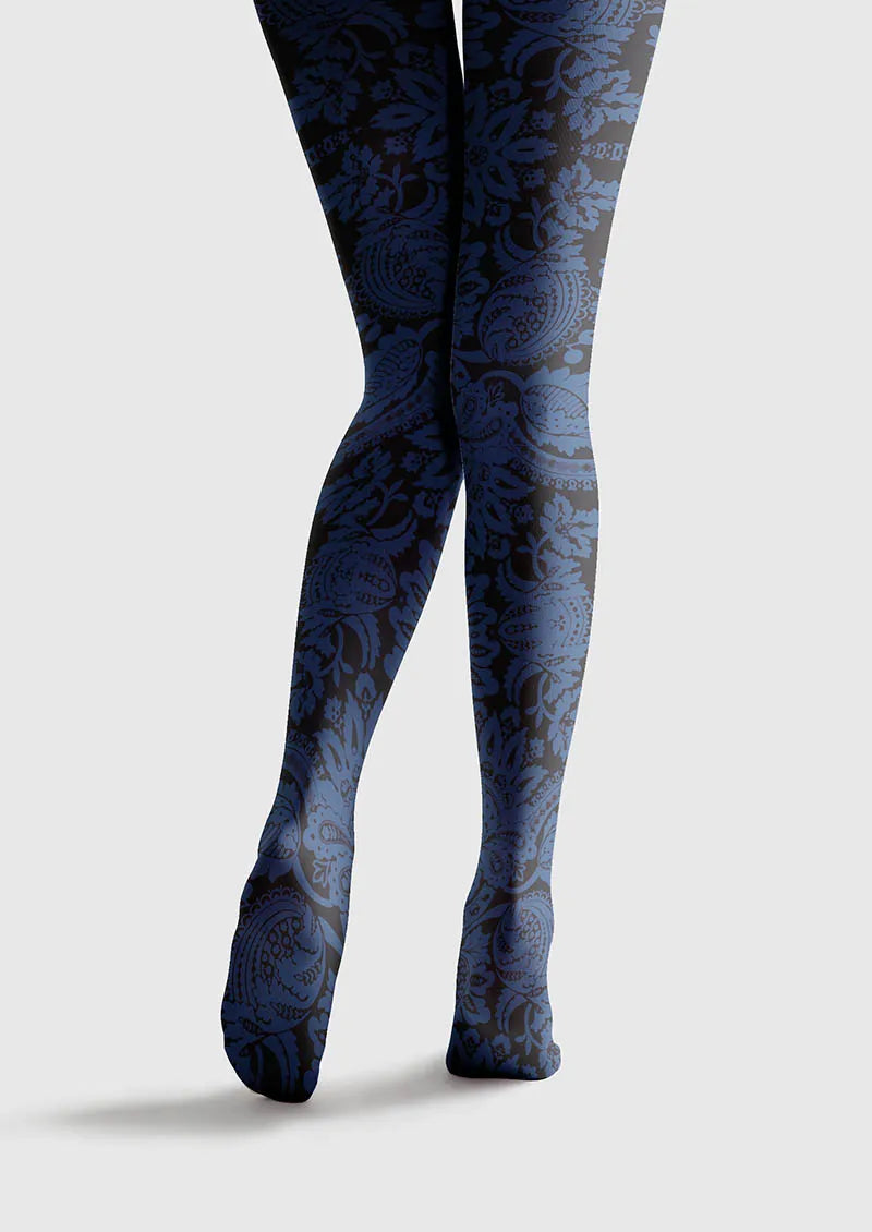 Women Baroque Bloom Vintage Blue Motif Print Tights Pantyhose