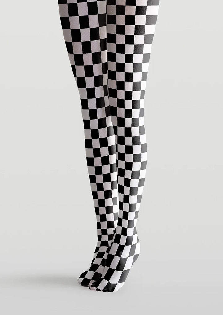 Women Black and White Checkered Grid Print Tights Pantyhose