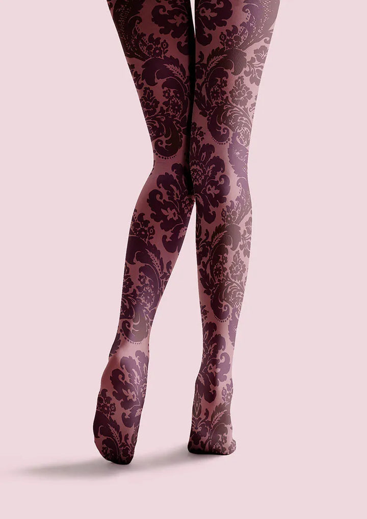 Women Baroque Bloom Plum Velvet Print Tights Hosiery Pantyhose