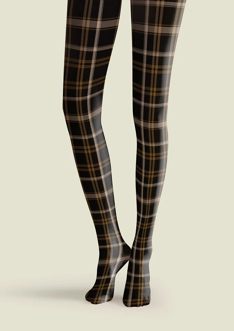 Women Black-brown Stripes Checked Tights Hosiery Pantyhose