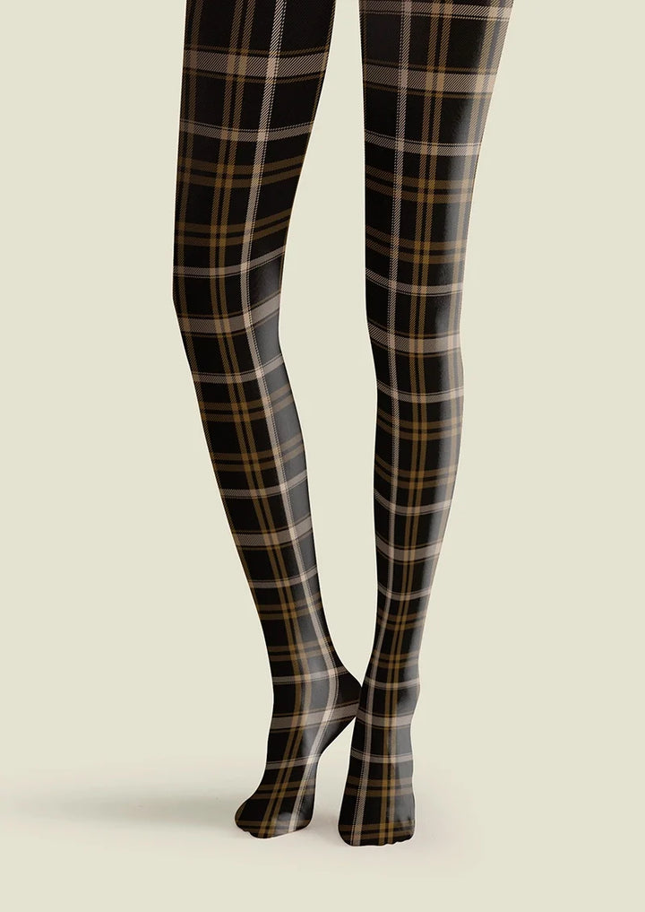 Women Black-brown Stripes Checked Tights Hosiery Pantyhose