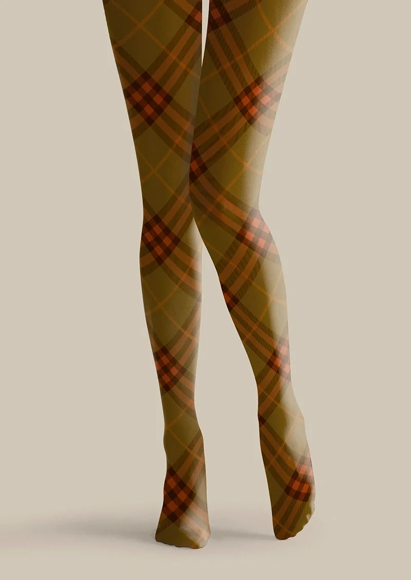 Women Olive Green Orange Maillard Check Print Tights Pantyhose