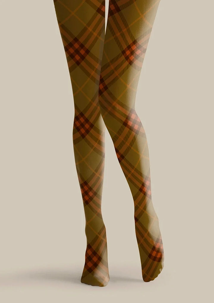 Women Olive Green Orange Maillard Check Print Tights Pantyhose
