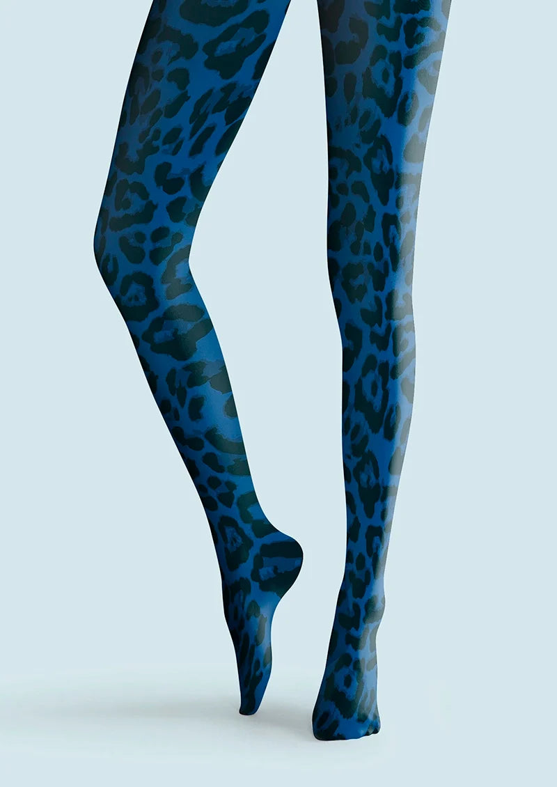 Women Vibrant Blue Leopard Animal Print Tights Pantyhose