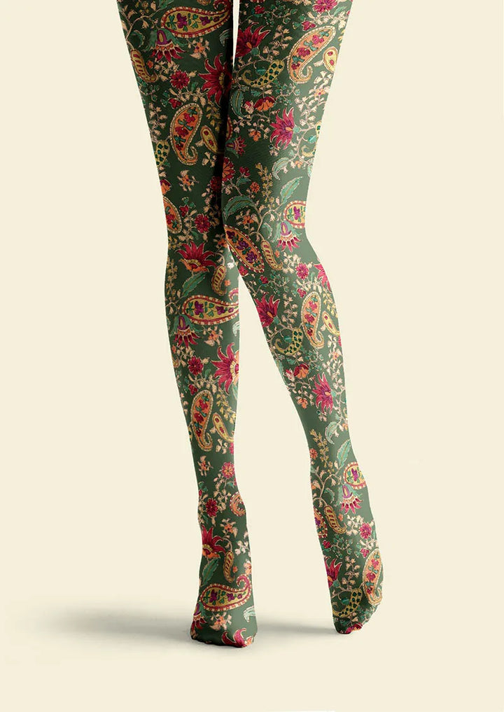 Women Mint Vintage Paisley Printed Tights Hosiery Pantyhose