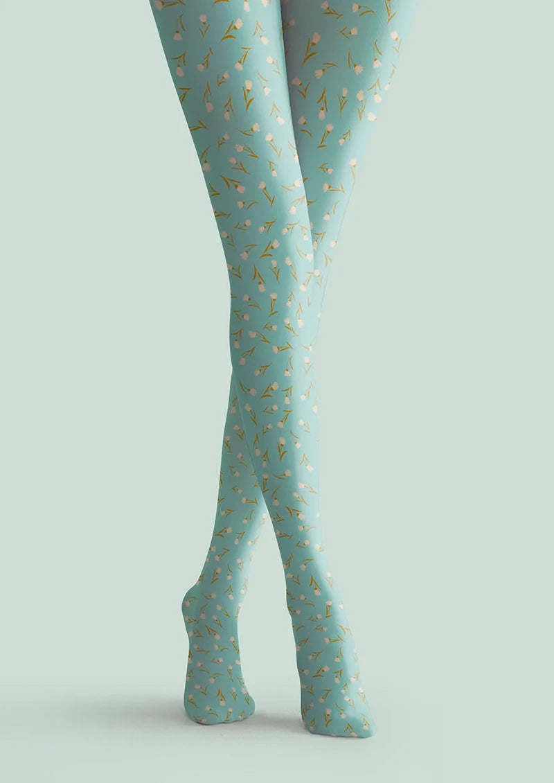 Women Pale Green Dainty Florals Print Tights Hosiery Pantyhose