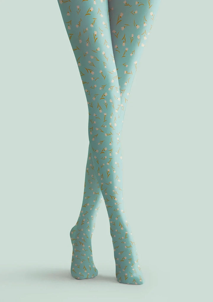 Women Pale Green Dainty Florals Print Tights Hosiery Pantyhose