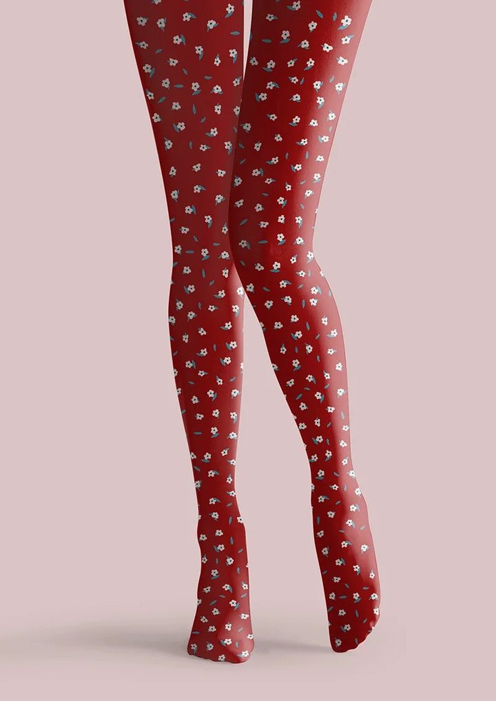 Women Red Dainty Florals Print Tights and Hosiery Pantyhose