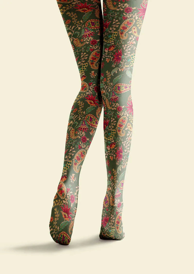 Women Mint Vintage Paisley Printed Tights Hosiery Pantyhose