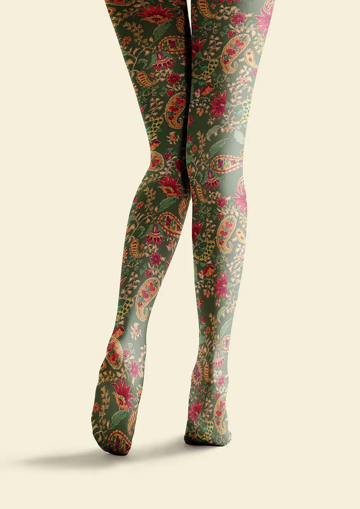 Women Mint Vintage Paisley Printed Tights Hosiery Pantyhose