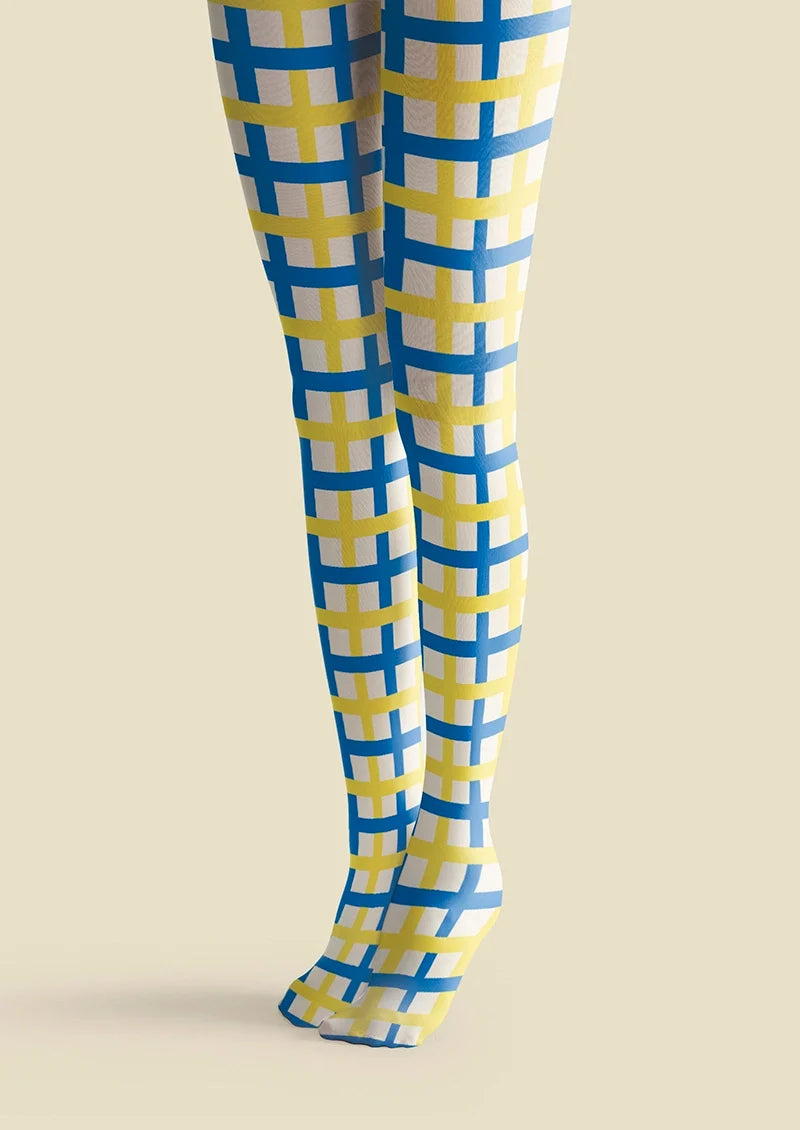 Women Chic Yellow and Blue Checkered Pattern Tights Pantyhose